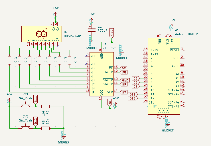 Esquema del proyecto Contador decimal con 74HC595 y display Ánodo común