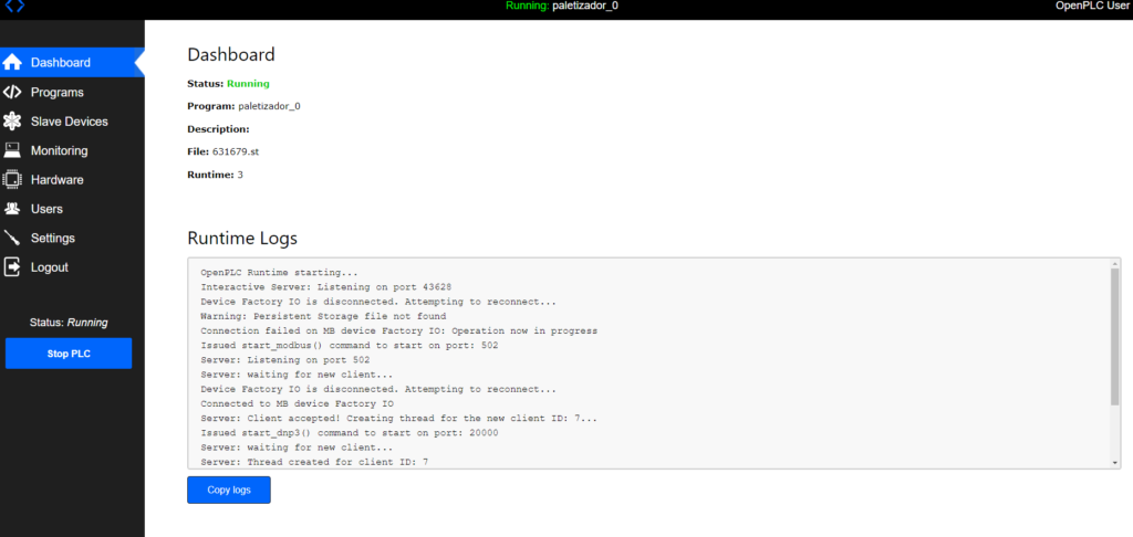 Pantalla plc funcionando, Como conectar OpenPLC y Factory.io